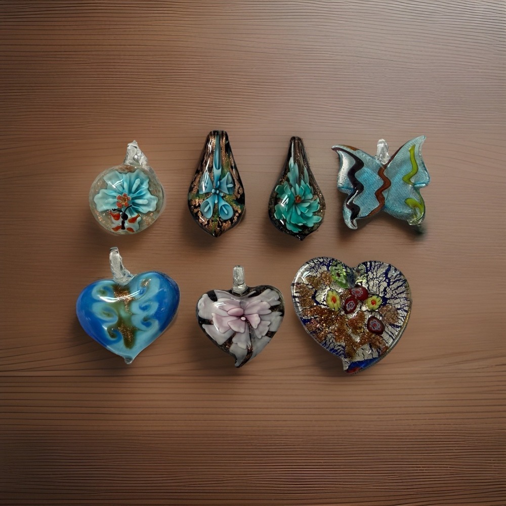Art Glass PENDANTS (7) Handmade Artisan Flower Butterfly Millefiori Heart Shapes - Picture 5 of 16